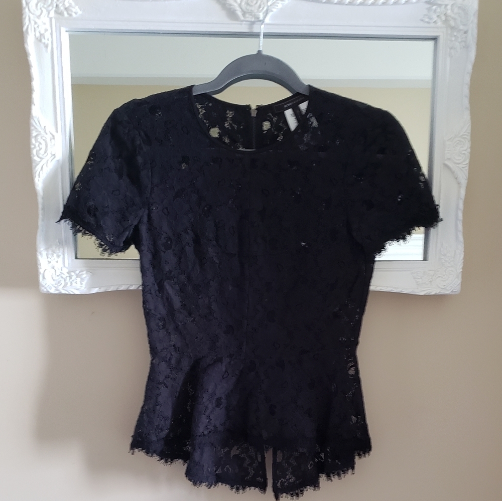 BCBG Max Azria black lace peplum top, xs, demure